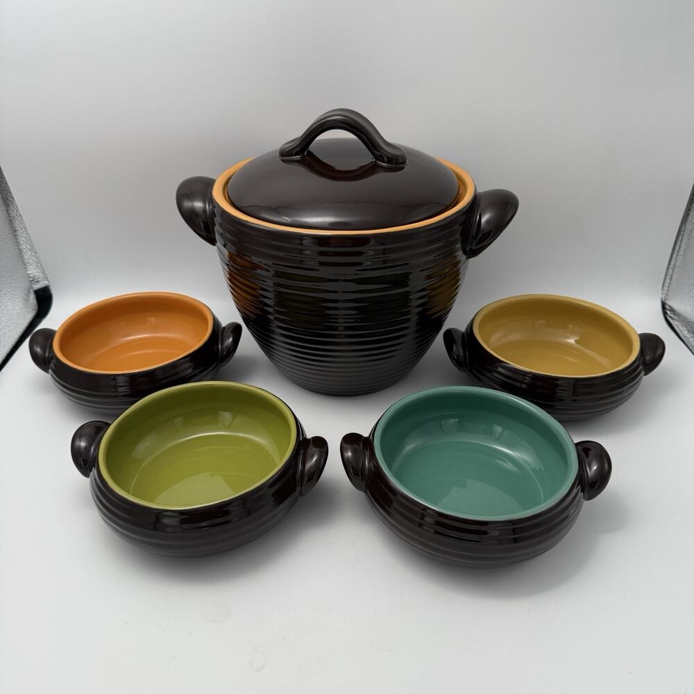 Bobby Flay PLANCHA 5 Pc Set Chili Stew Bean Pot With 4 Bowls Serving Dish Rustic